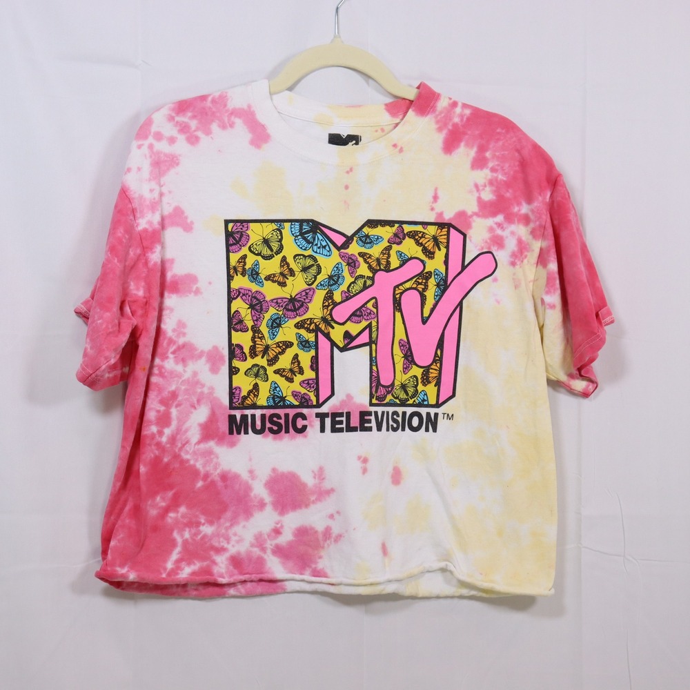 MTV Crop Top T-Shirt Large Pink Yellow Tie Dye Womens Butterfly Logo Graphic
